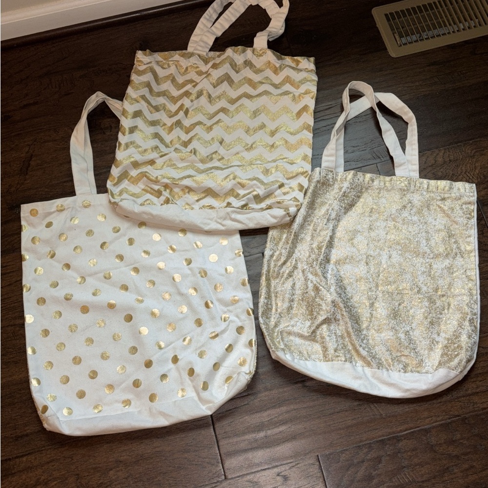 Set of Three Gold and White Tote Bags